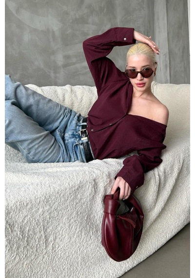 Madmext Bordo Kırışık Desen Kadın Gömlek Mg2313 Bordo