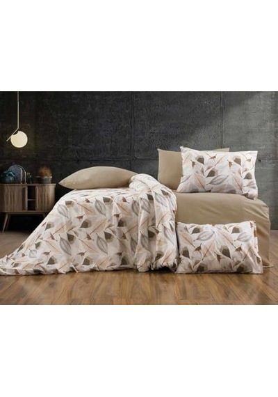 Lüks%80 Pamuklu Çift Kişilik Nevresim Takımı Seti Yorgan Kılıfı Krem Yaprak Desen 200x220 Cm + Lastikli Battal Boy Çarşaf 180x200x30 Cm +2 Yastık Kılıflı 50x70 Cm Diğer