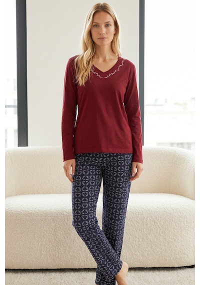 Siyah İnci Nakışlı Pamuklu Likralı Örme Pijama Takım 26240320 Bordo