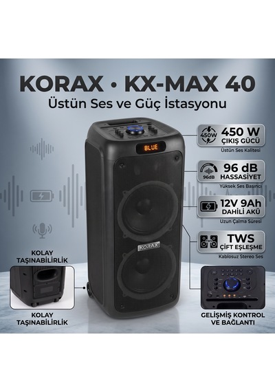 Korax Kx-max 40 450w Akülü Taşınabilir Parti Hoparlörü - Kablosuz Mikrofonlu, Tws, Led Işıklı Karaoke Ses Sistemi