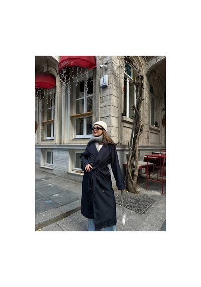 Meecy Kadın Lacivert Kuşaklı Yeni Sezon Trençkot Lacivert Lacivert