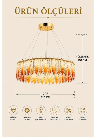 Modern Premıum Kuş Tüyü Gold Sarkıt Avize 3 Renk Led Salon Yemek Odası Avizesi 94w Beyaz