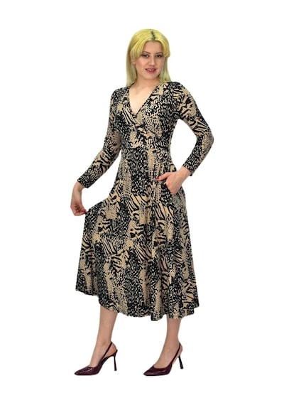 Kadın Viskon Leopar Desenli V Yaka Elbise Bgl-st03536 001