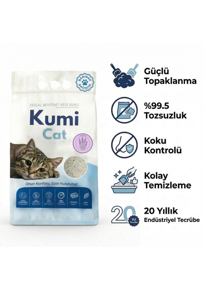 Kumi Cat Eko-premium Rahatlatıcı Etki Lavanta Kokulu Kedi Kumu, Güçlü Topaklanan Bentonit Kedi Kumu 5 L