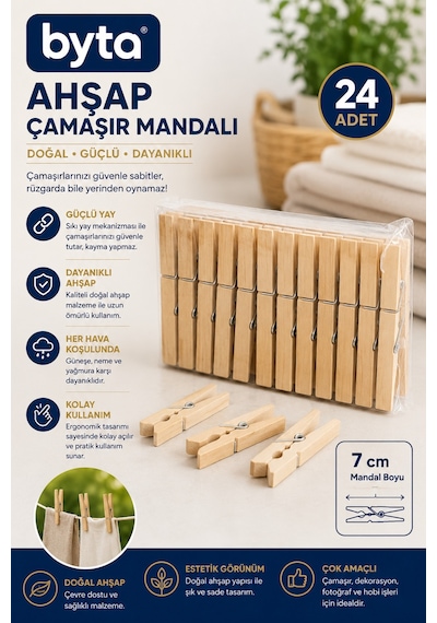 24'lü 7 Cm Ahşap Çamaşır Mandalı Güçlü Yaylı Doğal Ahşap Çamaşır Askı Mandalı Dayanıklı Mandal Seti Diğer