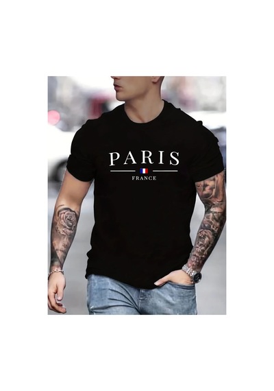Caddemia Yaz Rahat Gevşek Büyük Boy Paris Fransız Desen Baskılı Rahat Yuvarlak Yaka Siyah 2XL