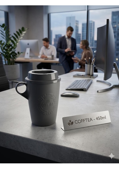 Kulplu Kapaklı Çay Kahve Bardağı Plastik - Mug Sıcak Içecek Bardağı 450 Ml Gri
