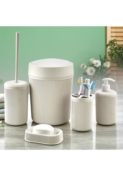 Banyo Seti, Çöp Kovası, Sıvı Sabunluk, Diş Fırçalık, Sabunluk Ve Tuvalet Fırçası, 5 Parça Beyaz Diğer