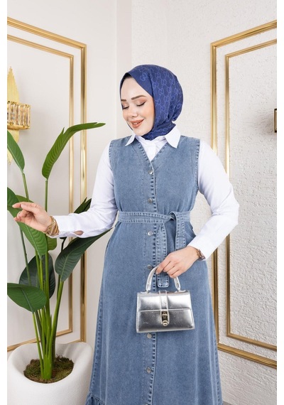 Harman Butik Kadın Düğmeli Kuşaklı Kot Jile Mavi Mavi