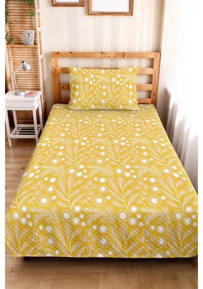 Sarı Çiçekli Botanik Tek Kişilik Pike Takımı - Beyaz Modern Floral 160x220 Cm Kapitone Yatak Örtüsü Mumlu Meşe Yankısı