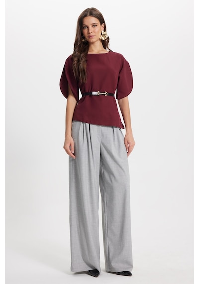Tudors Kadın Slim Fit Dar Kesim Kol Detaylı İnce Kemerli Fermuarlı Bordo Bluz Gömlek-50761