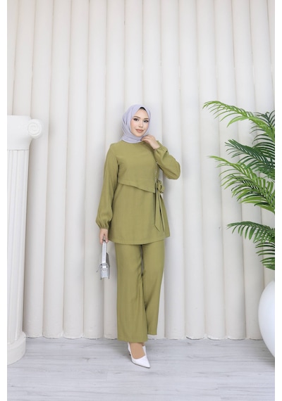 Mitodo Modal Kumaş Taş Detaylı 2 Li Takım Gizli Fermuarlı Tunik, Lastikli Cepli Pantolon Yağ Yeşili Mitodo Modal Kumaş Taş Detaylı 2 Li Takım Gizli Fermuarlı Tunik, Lastikli Cepli Pantolon Yağ Yeşili