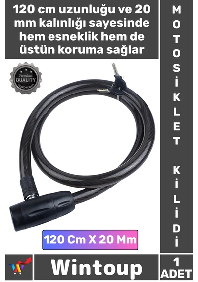 Kilit Sağlam Halat Yüksek Güvenlikli 2 Anahtarlı Motor Tam Koruma 120 Cm 20 Mm Motosiklet Kilidi