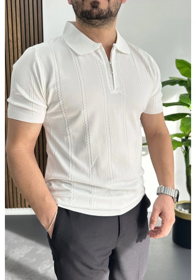 Erkek Desenli Polo Yaka Tişört Beyaz Edw457 Beyaz