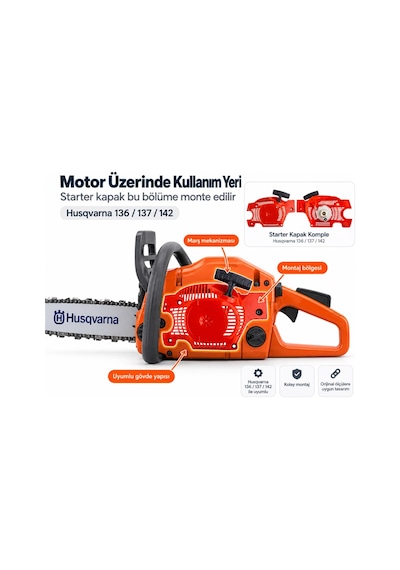 Algaride Husqvarna 136 137 142 Uyumlu Starter Kapak Komple Marş Mekanizmalı Motorlu Testere Çekme Starteri Yedek Parça