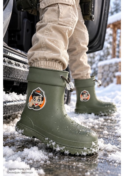 Muggo Kitty İçi Kürklü Lastikli Unisex Çocuk Günlük Yağmur Ve Kar Çizmesi Haki
