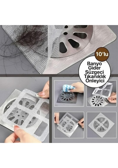 Lexroo 10 Adet Yapışkanlı Banyo Ve Duş Gider Süzgeci Tek Kullanımlık Saç Toplayıcı Filtre Standart