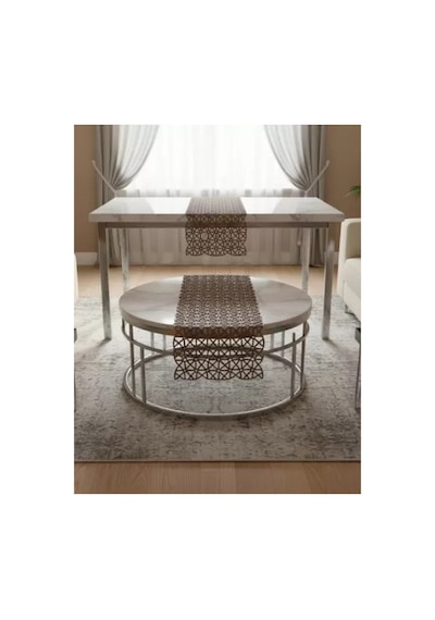 Salon Takımı 5 Parça Dantel Masa Örtüsü Runner Seti Kahverengi Angles Model No 856 Çok Renkli