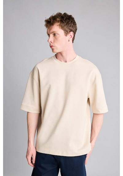 Defacto Loose Fit Bisiklet Yaka Kısa Kollu Ağır Kumaş Basic Bej Tişört B4844ax26aubg757 Bej-bg757