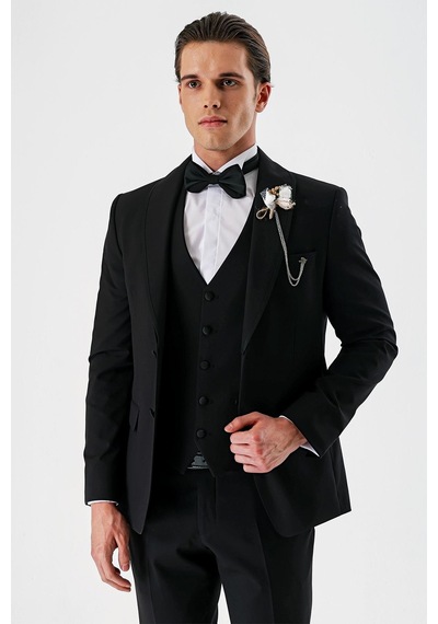 İmza Siyah Çıkarılabilir Şal Yaka Yelekli Likralı 6 Drop Slim Fit Smokin Damatlık 1001240202-Siyah İmza Siyah Çıkarılabilir Şal Yaka Yelekli Likralı 6 Drop Slim Fit Smokin Damatlık 1001240202-Siyah