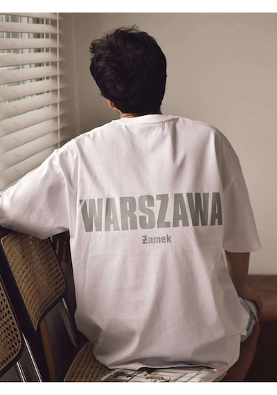 Erkek Oversize Warszawa Baskılı Beyaz T-shirt Beyaz