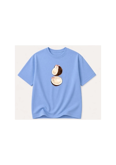 Herkesemoda Coconat Baskı Detaylı Kadın Bisiklet Yaka Pamuklu T-shirt Mavi