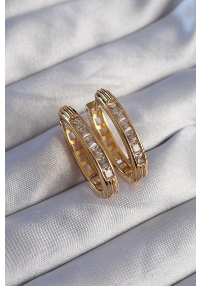Ceylan Adam Pirinç Gold Renk Zirkon Taşlı Oval Model Küpe Çok Renkli