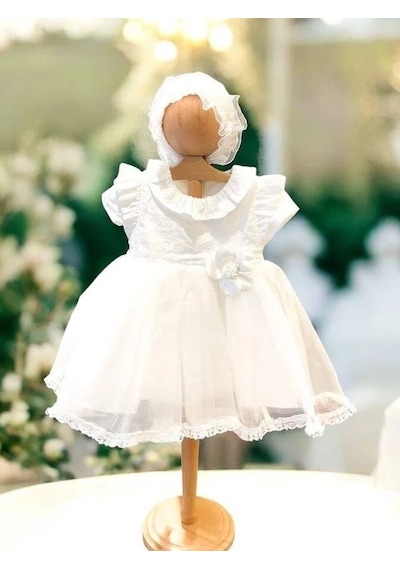 Cantoy Kız Bebek Şapka Detaylı Çiçekli Abiye Elbise-15305 Beyaz