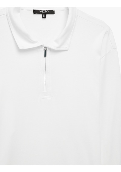 Koton Pamuklu Uzun Kollu Yarım Fermuarlı Polo Yaka Sweatshirt Beyaz 7wam70105mk