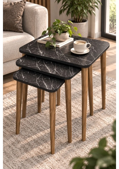 Sulorahome Siyah Torna Ayaklı 3'lü Zigon Sehpa Takımı
