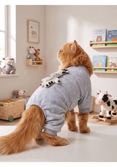 Moo Moo Cozy Kedi Tulumu Gri Melanj Kalın Penye Kedi Kıyafeti