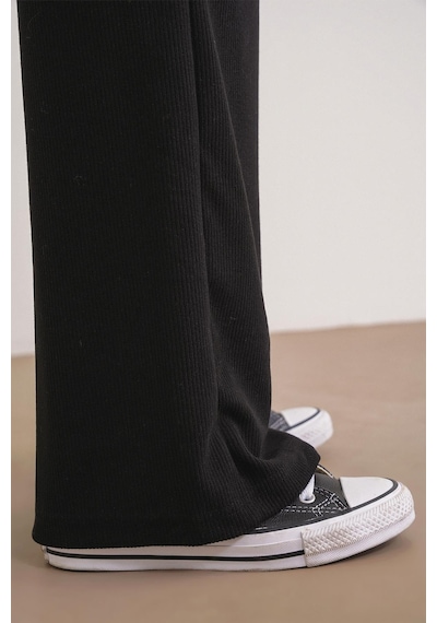 Mixray 4757 Kadın Lastikli Bol Paça Örme Dökümlü Selanik Pantalon Siyah Siyah