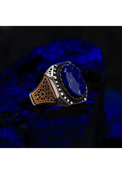 Lapis Lazuli Taşlı Geniş Kasa 925 Ayar Gümüş Erkek Yüzük Gümüş