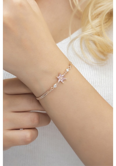 Nereze 925 Ayar Pembe Taşlı Lotus Çiçeği Gümüş Bileklik