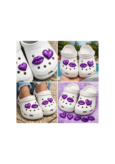 Temungur Mor Simli Kalp & Dudak Jibbitz Charm 4 Lü Set Terlik Süsü, Parlak Glitter Terlik Aksesuarı Çok Renkli