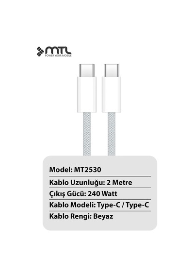 240w Type-c To Type-c Ultra Hızlı Şarj Ve Data Kablosu Hasır Örgülü 2 Metre Mt2530