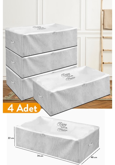 Serstil 4 Adet - Mega Boy Baza Altı Gri Çizgili Hurç 74 X 46 X 22 Cm Açık Gri