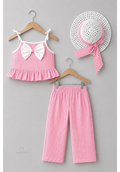 Babyden's Kız Bebek Şapkalı Yazlık Takım 3'lü Doğum Günü Kıyafeti Çizgili Fırfırlı Bluz Pantolon Kombini 9-36 Ay Pembe