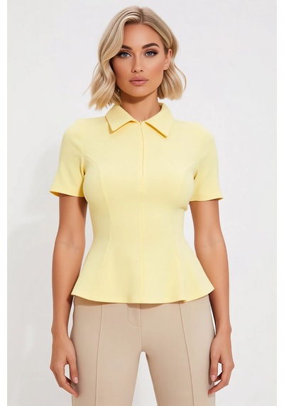 Benerly Kadın Bluz Peplum Polo Yaka Kısa Kol İnterlok Örme Düz Desen Yarı Sarı