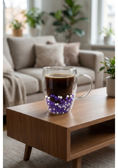 Makri Home Çift Cidarlı Mor Beyaz Cam Kupa 350 Ml Isıya Dayanıklı Çok Renkli