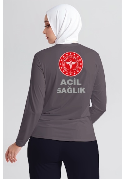 Gri 112 Acil Sağlık Bisiklet Yaka Uzun Kollu Tişört Unisex