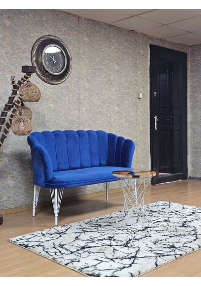 Zafir İkili Beyaz Boyalı Tel Ayak Papatya Çay Seti Koltuk Takımı , Balkon, Salon, Ofis, Cafe Koltuk Takımı Mavi
