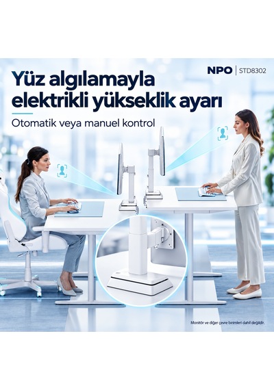 Npo Std8302 Yüz Algılayıcılı Otomatik Ayarlı 17-27" 20kg Kablosuz Şarjlı Vesa Çift Monitör Tutucu