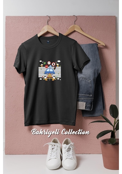 Oversize Trafik Kuralları Tasarımlı Unisex T-shirt Siyah