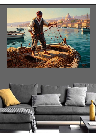 Ahşap Tablo Denizde Ağ Atan Balıkçı Teknesi