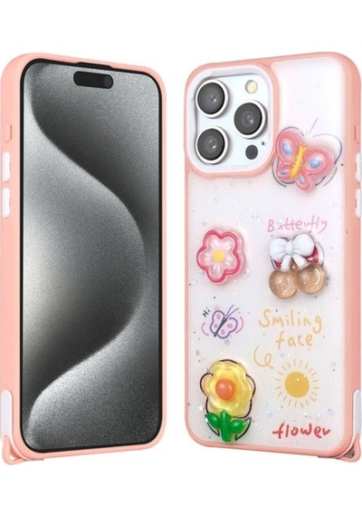 Apple Uyumlu iPhone 15 Pro Max Kılıf Parlayan Simli Kabartma Figürlü Zore Cevze Kapak Pembe