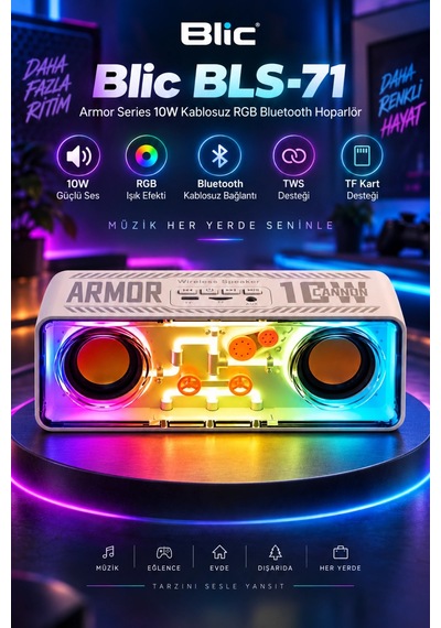Blic Bls-71 Beyaz Armor Series 10w Kablosuz Rgb Bluetooth Hoparlör Tws Tf Kart Desteği