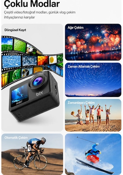 Exenar - Siyah - 5k Aksiyon Kamerası Wi-fi 50mp Çift Ekran Su Geçirmez Kılıflı Vlog Kamerası Eıs Sony Imx386 Sensörlü