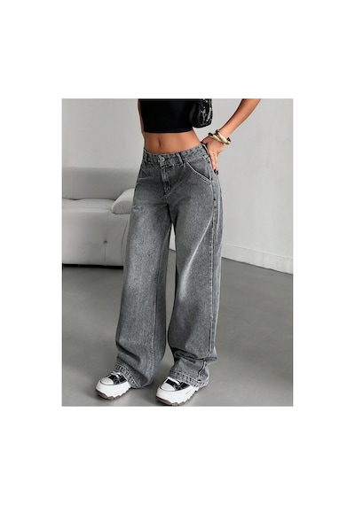 Kene Jeans Ön İşlemli Bol Paça Baggy Jeans Kar Siyah
