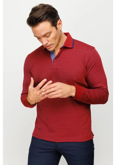 Desen Triko Erkek Polo Yaka Kare Desenli Uzun Kollu Sweatshirt Bordo Bordo